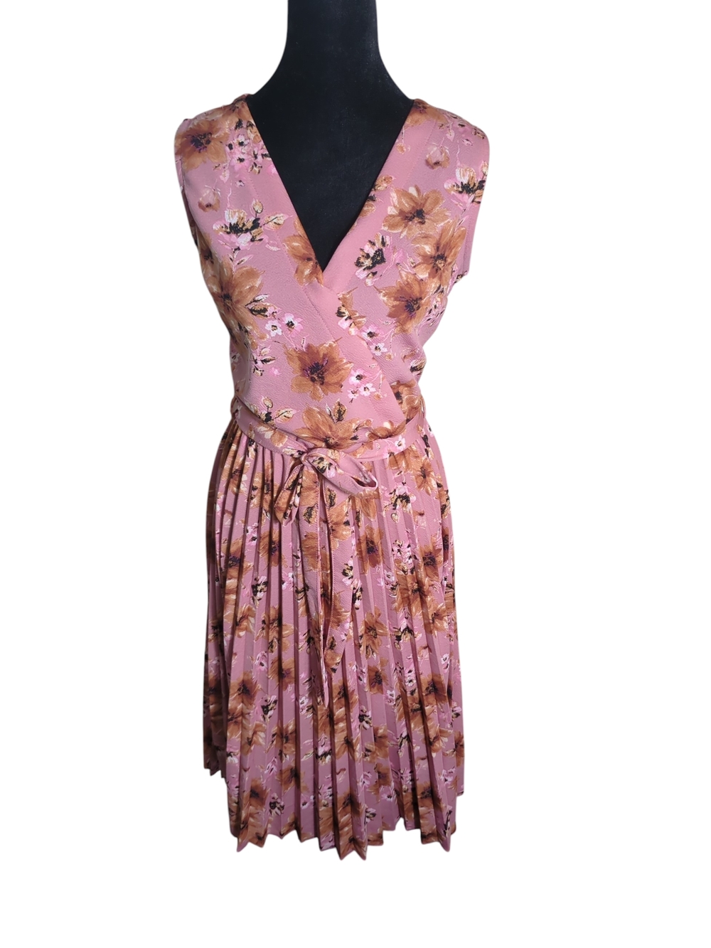 Lark + Grey Pink Floral Wrap Dress Pleated Skirt Size Small Spring Wedding Guest